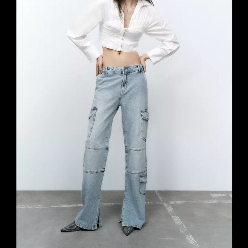 Zara Women's Light Blue Wide Leg Cargo Jeans Size 4